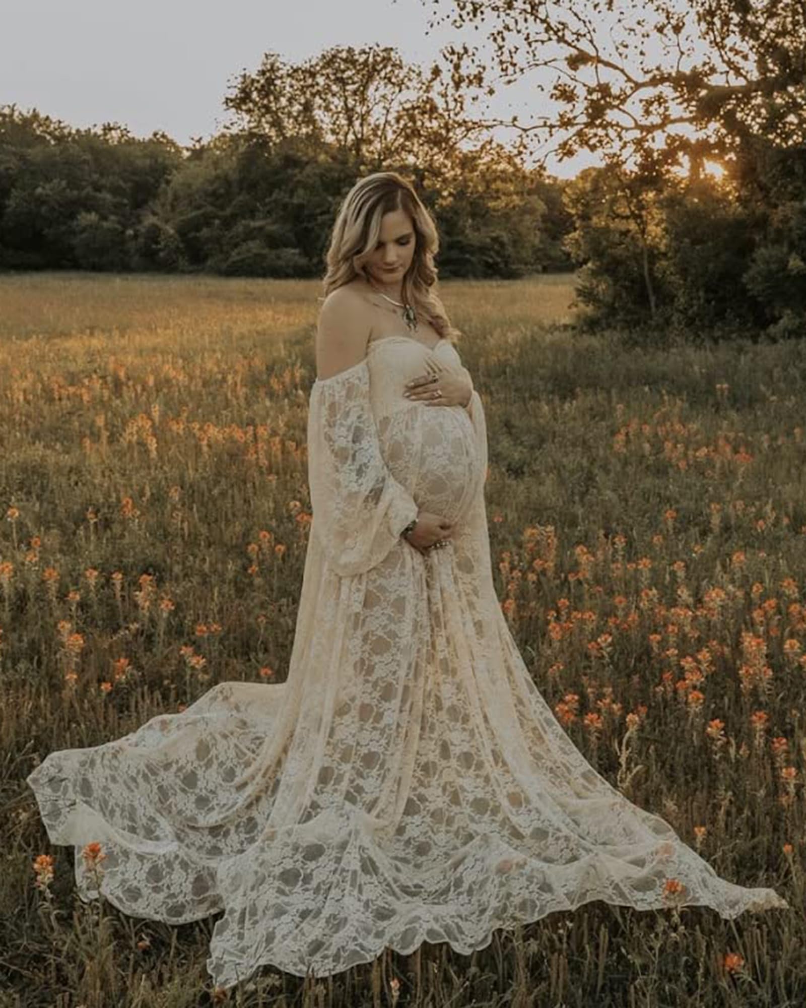 Saslax Lace Off Shoulder Doubly Split A-line Skirt Maternity Dress