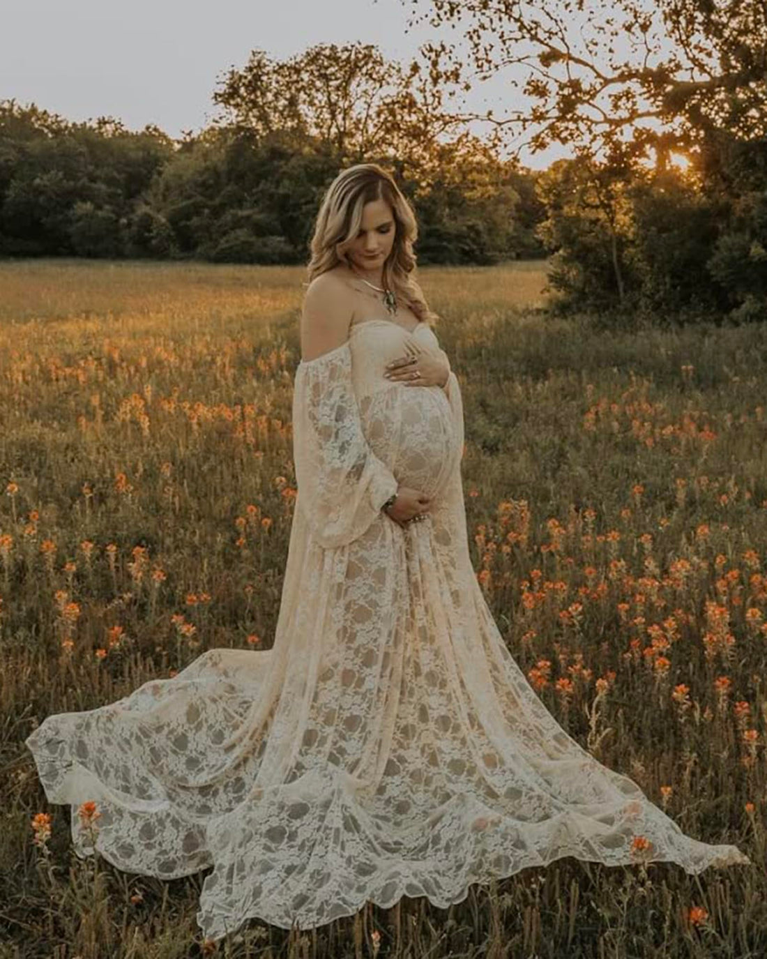 Saslax Lace Off Shoulder Doubly Split A-line Skirt Maternity Dress