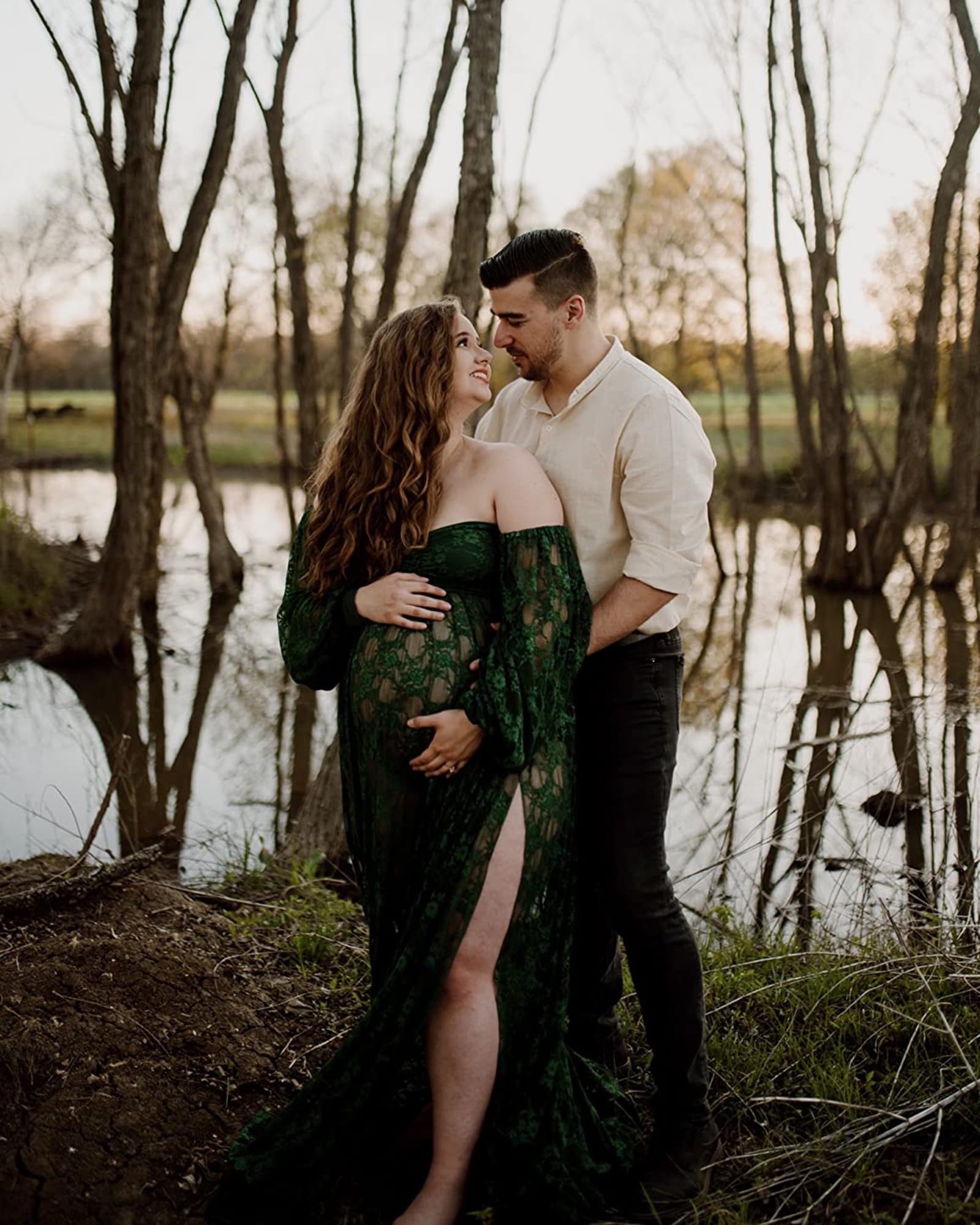 Saslax Lace Off Shoulder Doubly Split A-line Skirt Maternity Dress