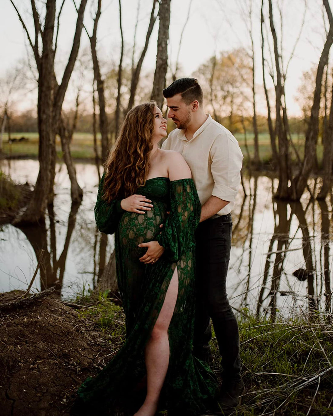 Saslax Lace Off Shoulder Doubly Split A-line Skirt Maternity Dress