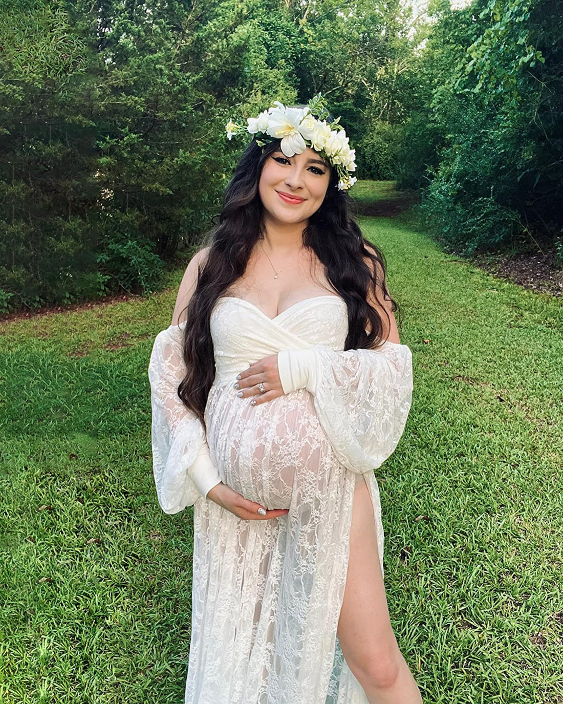 Saslax Lace Off Shoulder Doubly Split A-line Skirt Maternity Dress