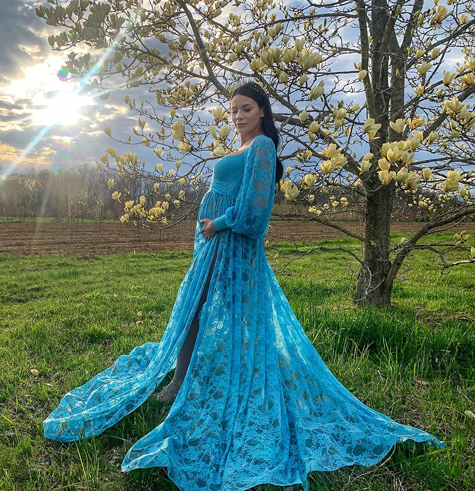 Saslax Lace Off Shoulder Doubly Split A-line Skirt Maternity Dress