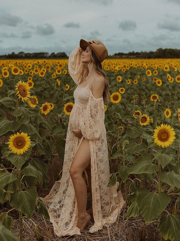 Saslax Lace Off Shoulder Doubly Split A-line Skirt Maternity Dress