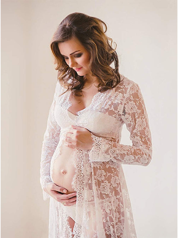 ZIUMUDY Maternity Deep V-Neck Split Front See-Through Maxi Lace Dress